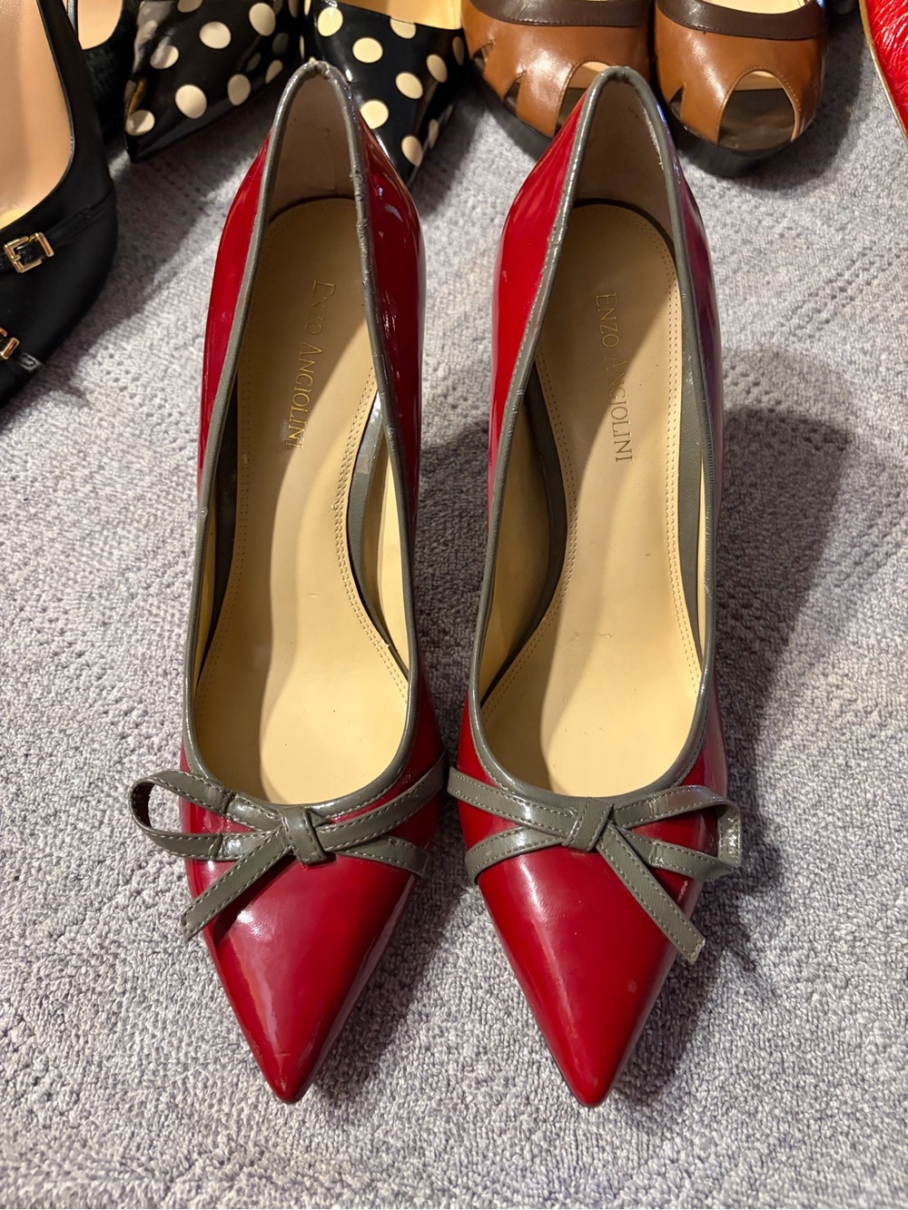 Enzo Angiolini Red Patent Pointed-Toe Pumps with Gray Bow Trim